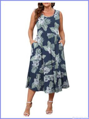 Plus Size Maxi Dress Summer Sleeveless Tiered Sundress with Pockets